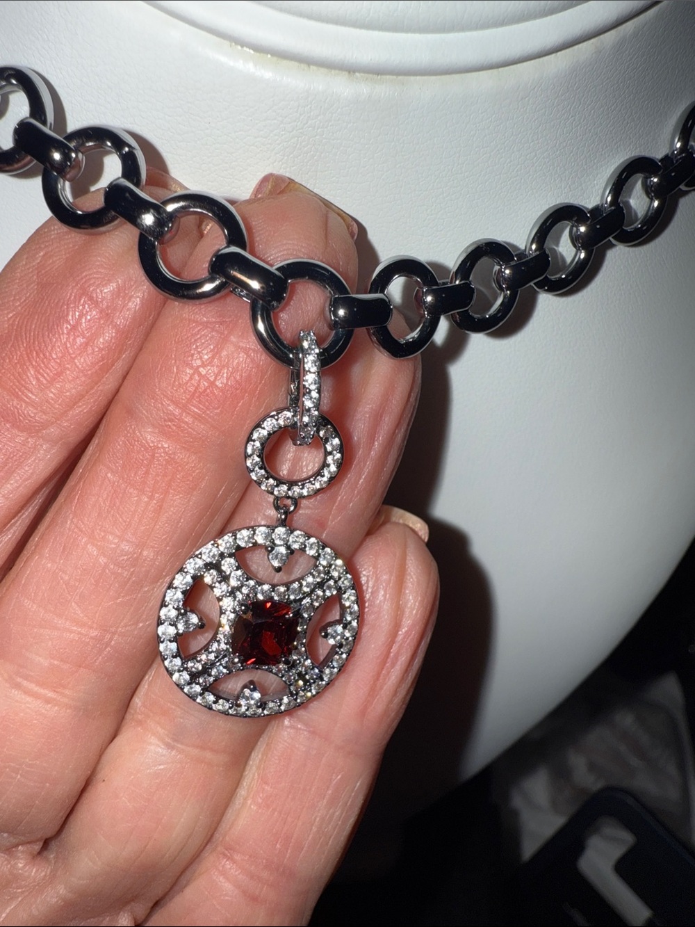 BP hematite plated Garnet and CZ accent Pendant Chain Necklace